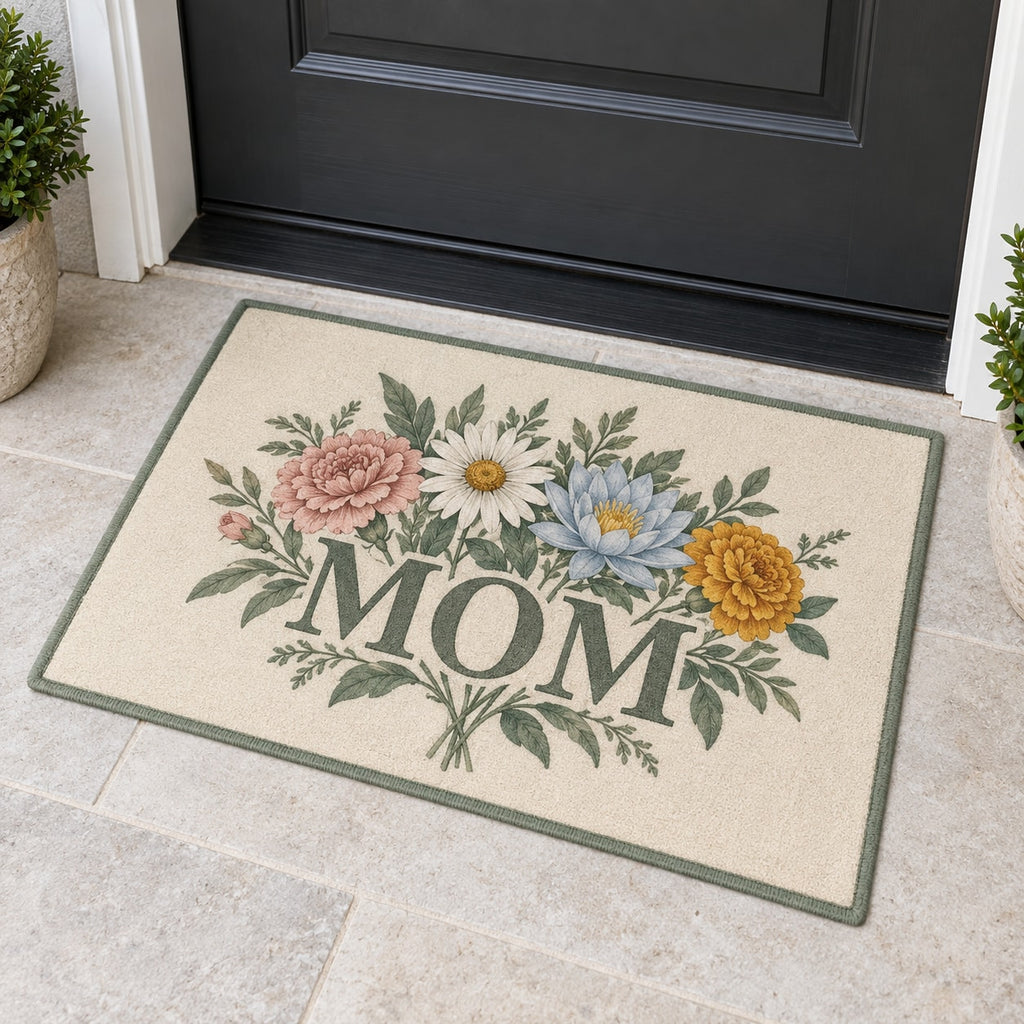 Mother Family Birth Flowers Welcome Mat with dimensional printed themed artwork; representative AI-generated mockup.