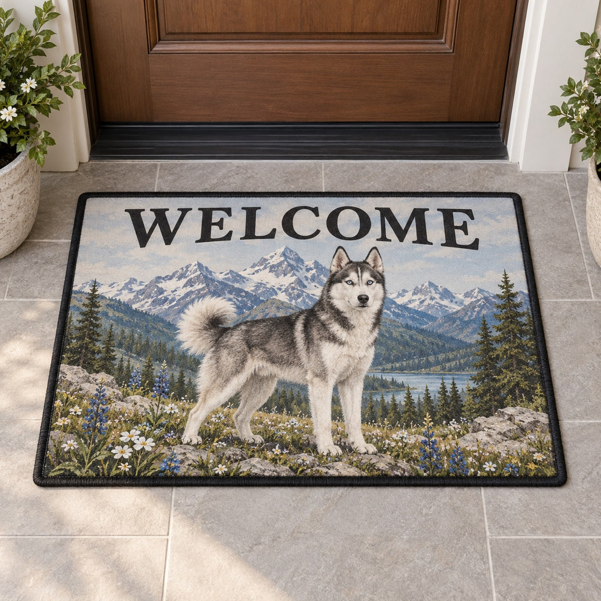 Husky Welcome Mat with dimensional printed themed artwork; representative AI-generated mockup.