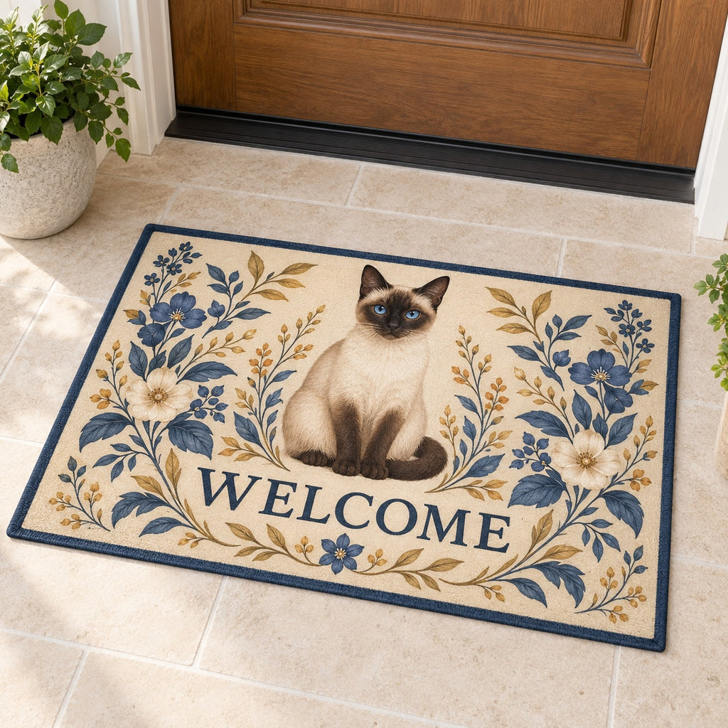 Siamese Cat Companion Welcome Mat with dimensional printed themed artwork; representative AI-generated mockup.