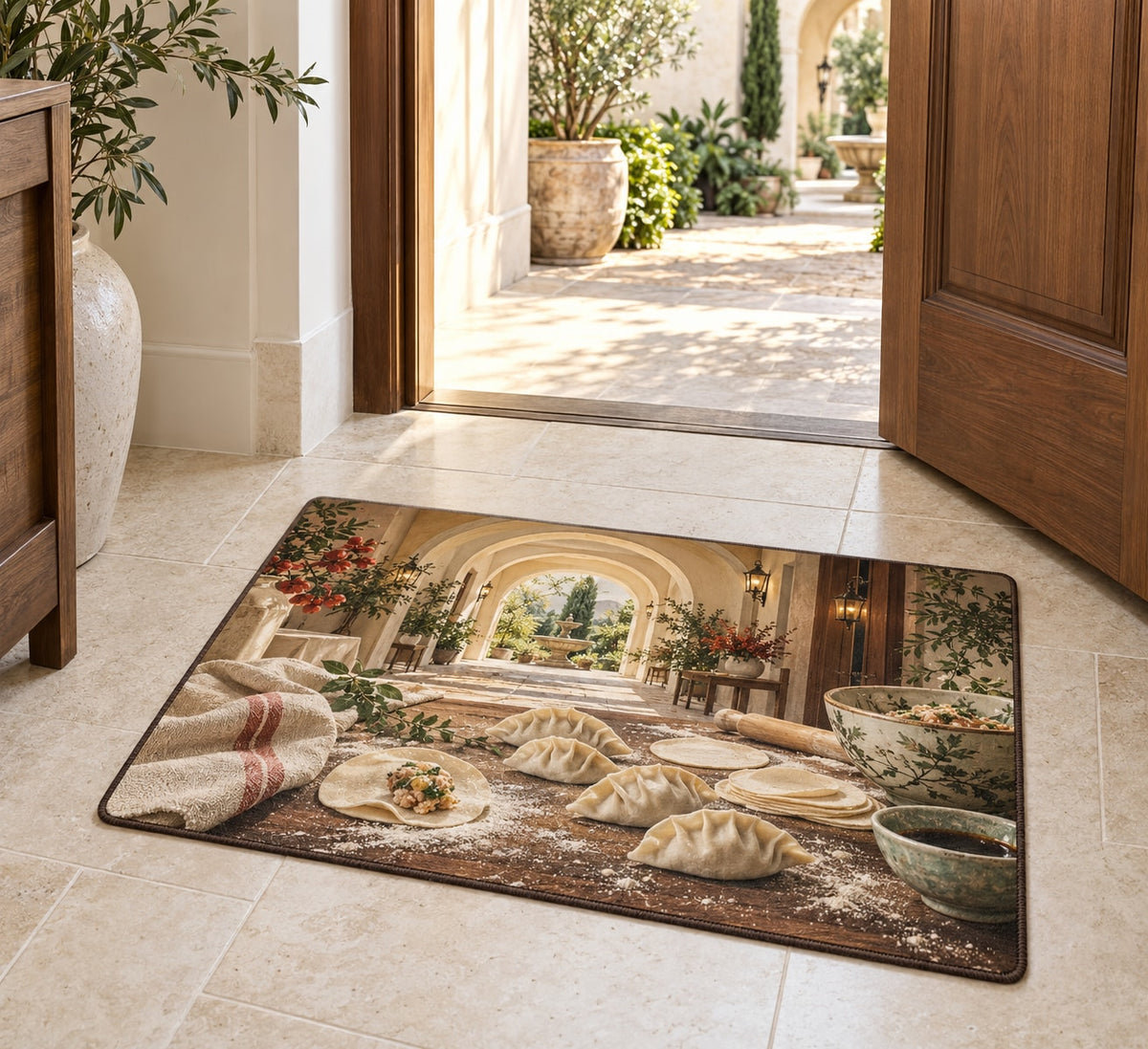 Dumpling Making Welcome Mat with dimensional printed themed artwork; representative AI-generated mockup.