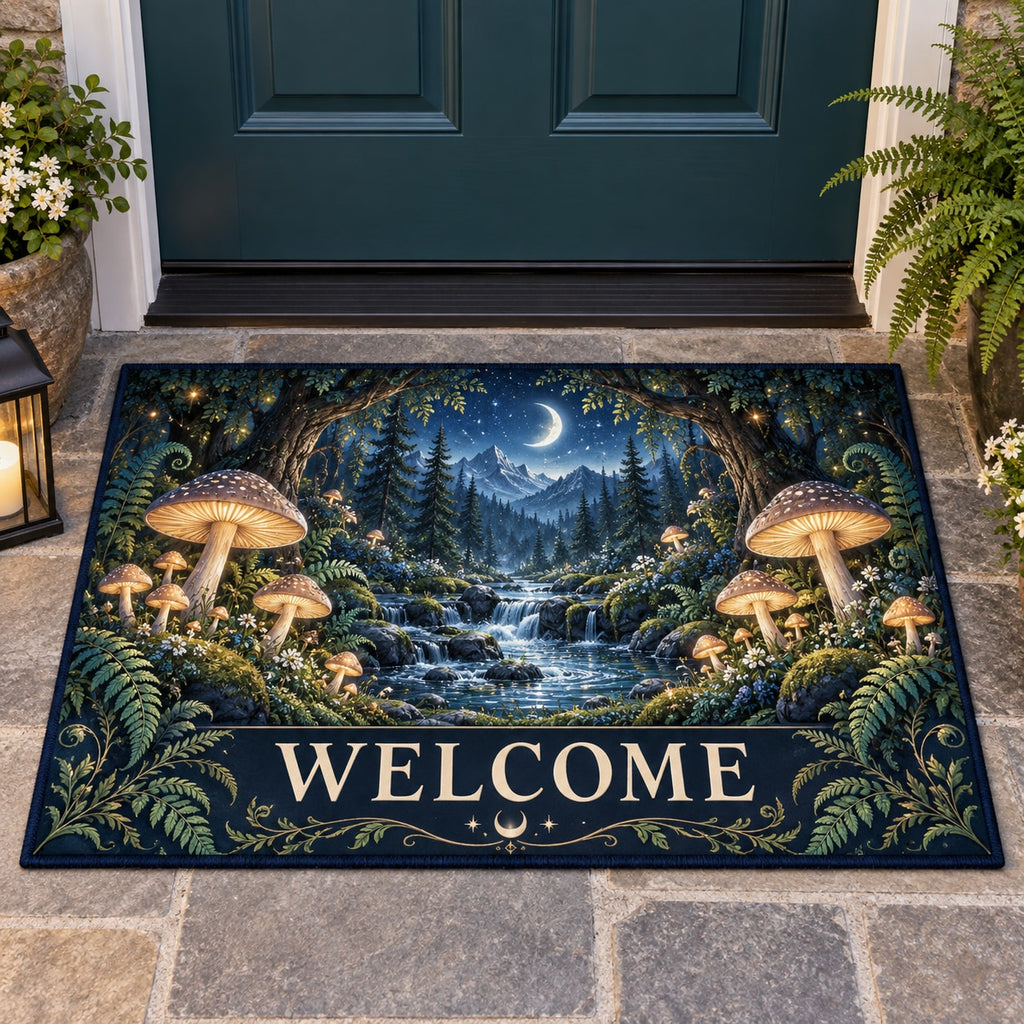 Celestial Mushroom Forest Welcome Mat with dimensional printed themed artwork; representative AI-generated mockup.