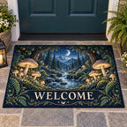 Celestial Mushroom Forest Welcome Mat with dimensional printed themed artwork; representative AI-generated mockup.