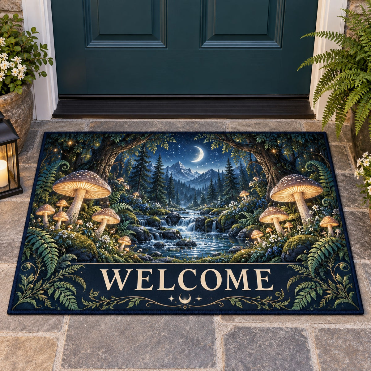 Celestial Mushroom Forest Welcome Mat with dimensional printed themed artwork; representative AI-generated mockup.