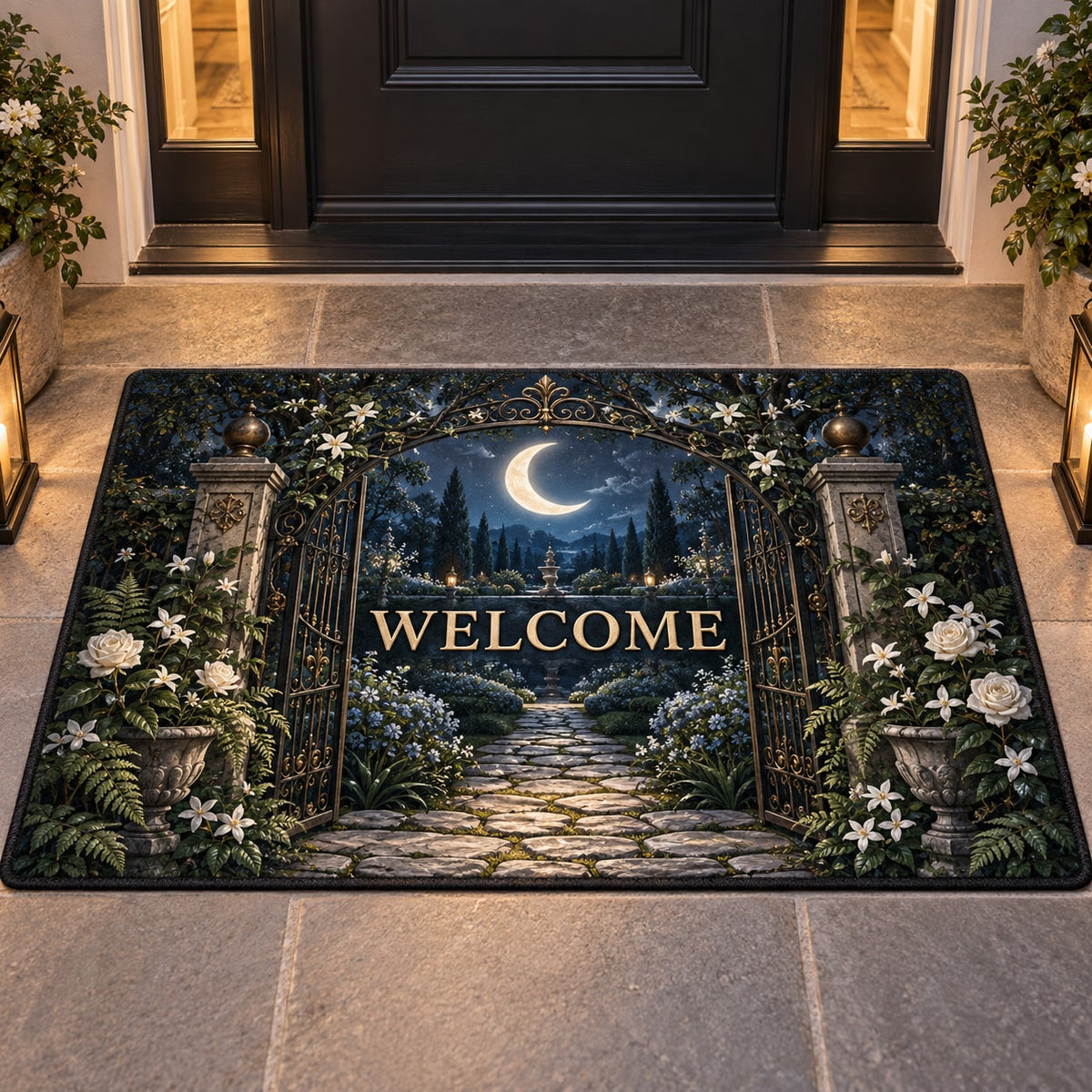 Moon Garden Gate Welcome Mat with dimensional printed themed artwork; representative AI-generated mockup.