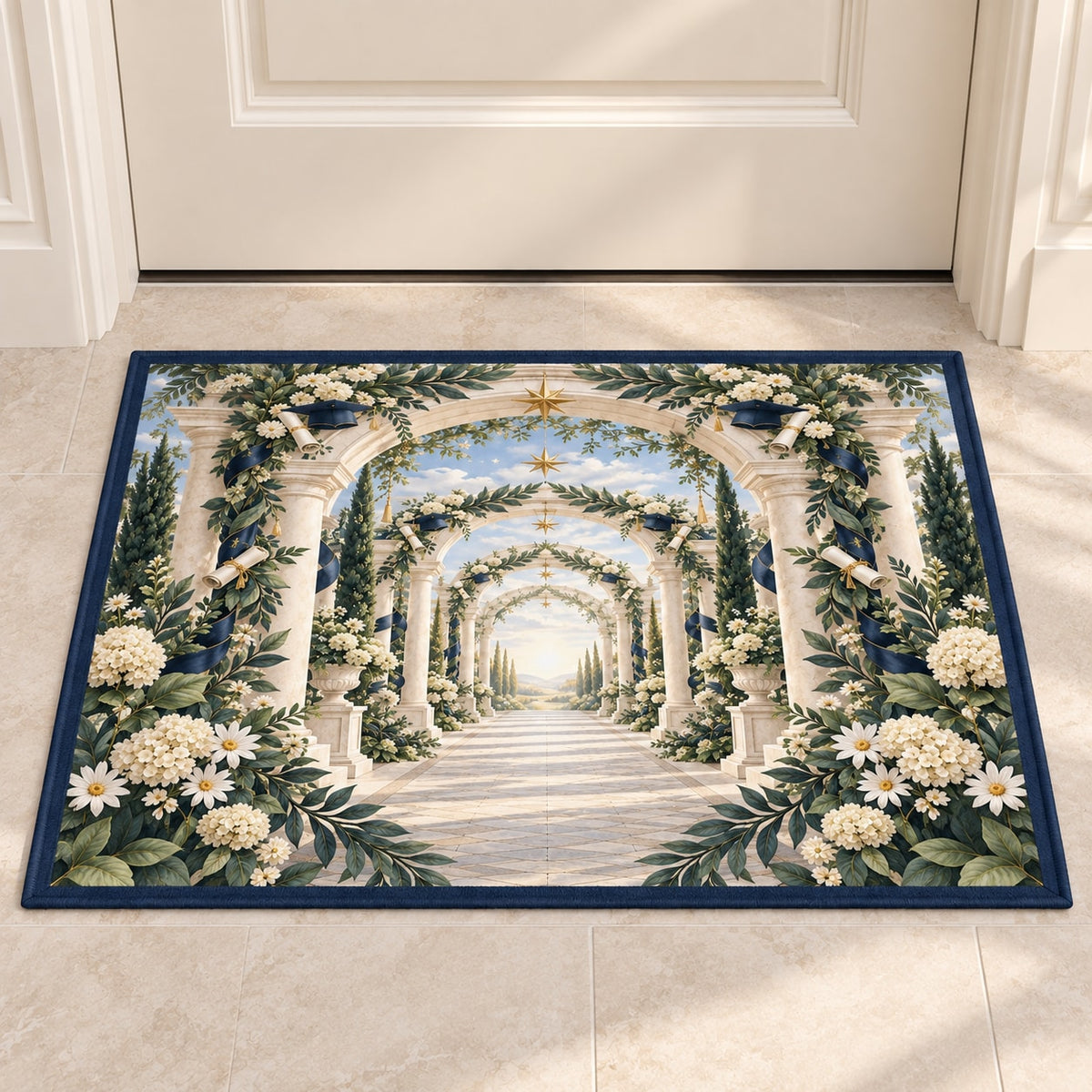 Graduation Laurel Colonnade Welcome Mat with dimensional printed themed artwork; representative AI-generated mockup.