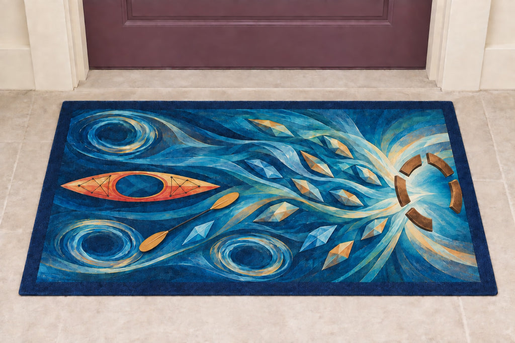 Riverglass Paddle Confluence Welcome Mat with dimensional printed themed artwork; representative AI-generated mockup.