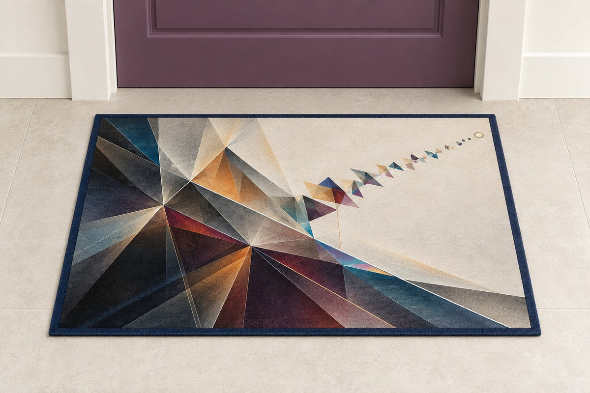 Lumen Parallax Field Welcome Mat with dimensional printed themed artwork; representative AI-generated mockup.