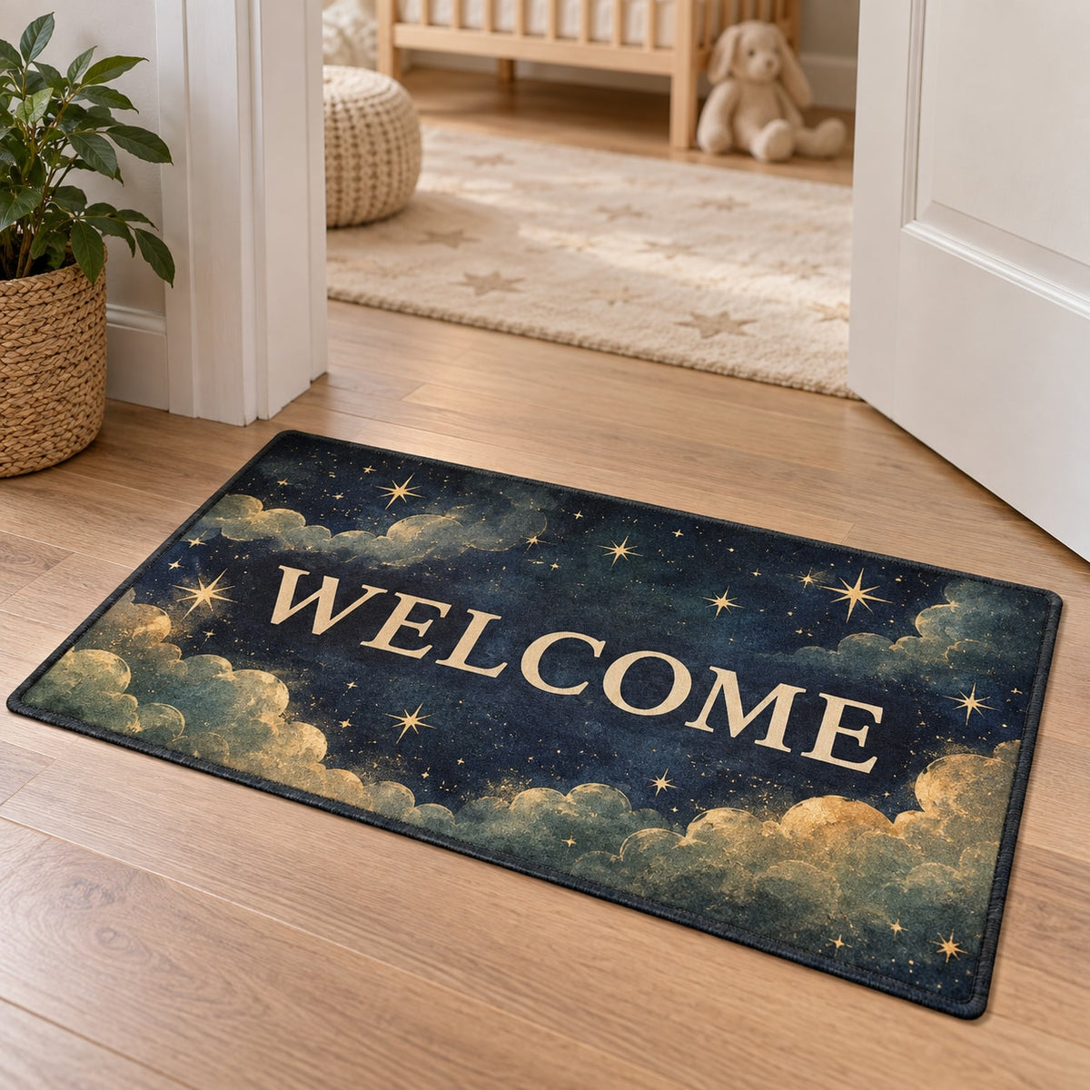 Number Constellation Welcome Mat with dimensional printed themed artwork; representative AI-generated mockup.