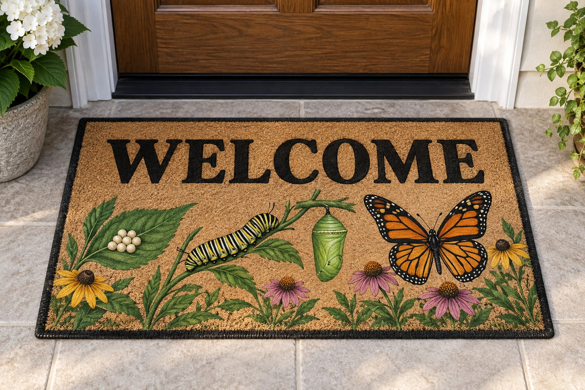 Butterfly Life Stages Welcome Mat with dimensional printed themed artwork; representative AI-generated mockup.