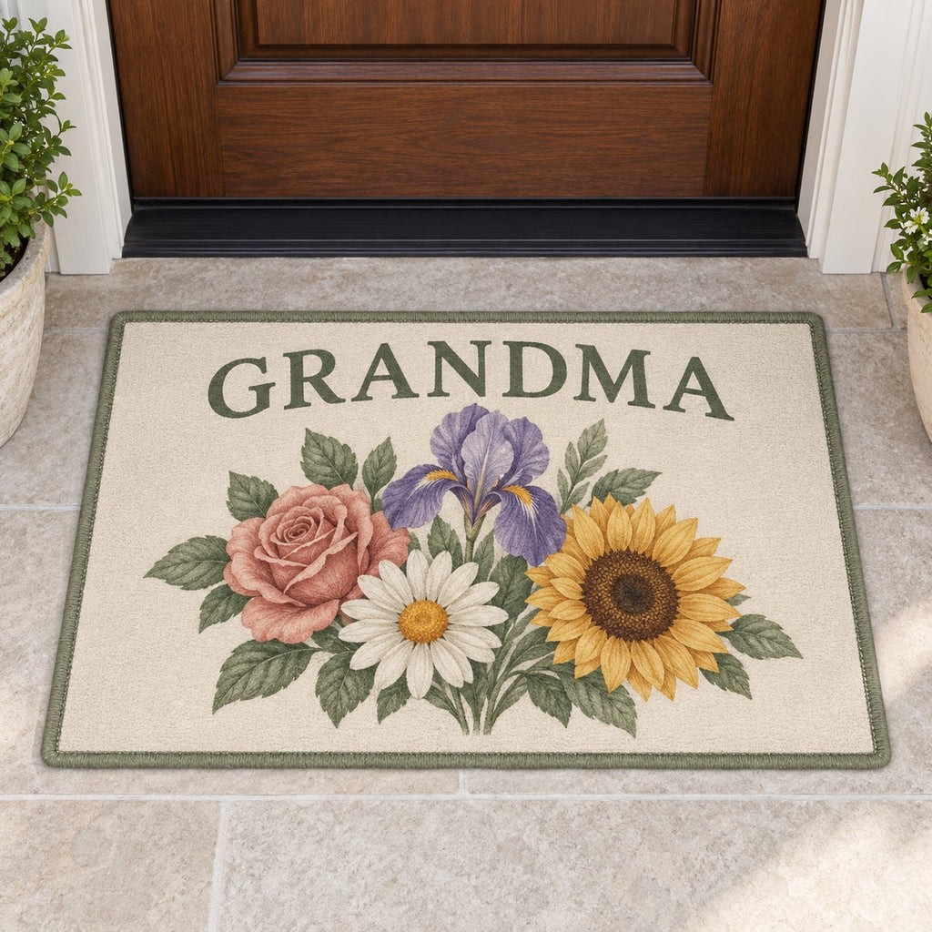 Grandmother Birth Flower Garden Welcome Mat with dimensional printed themed artwork; representative AI-generated mockup.