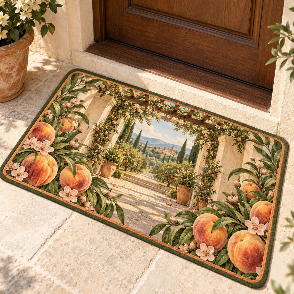 Peach Orchard Welcome Mat with dimensional printed themed artwork; representative AI-generated mockup.