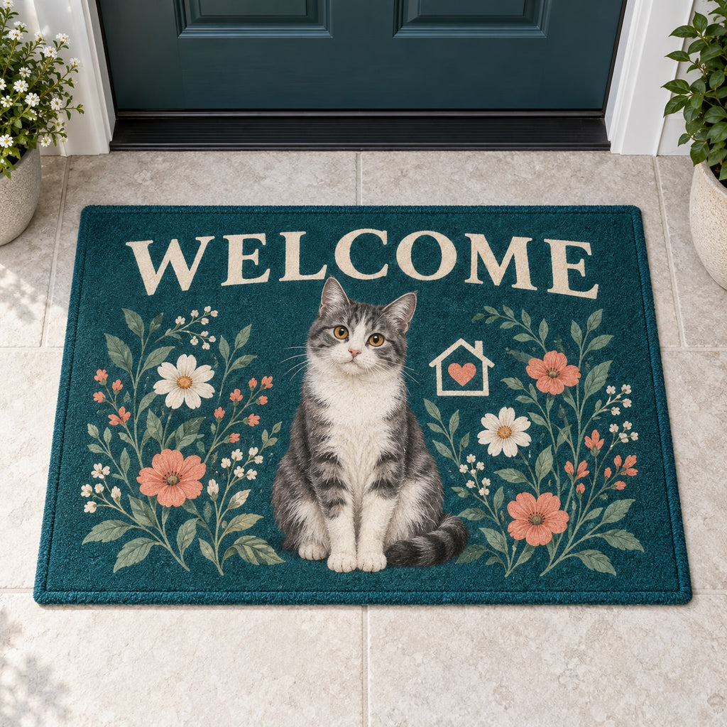 Rescue Cat Advocate Welcome Mat with dimensional printed themed artwork; representative AI-generated mockup.