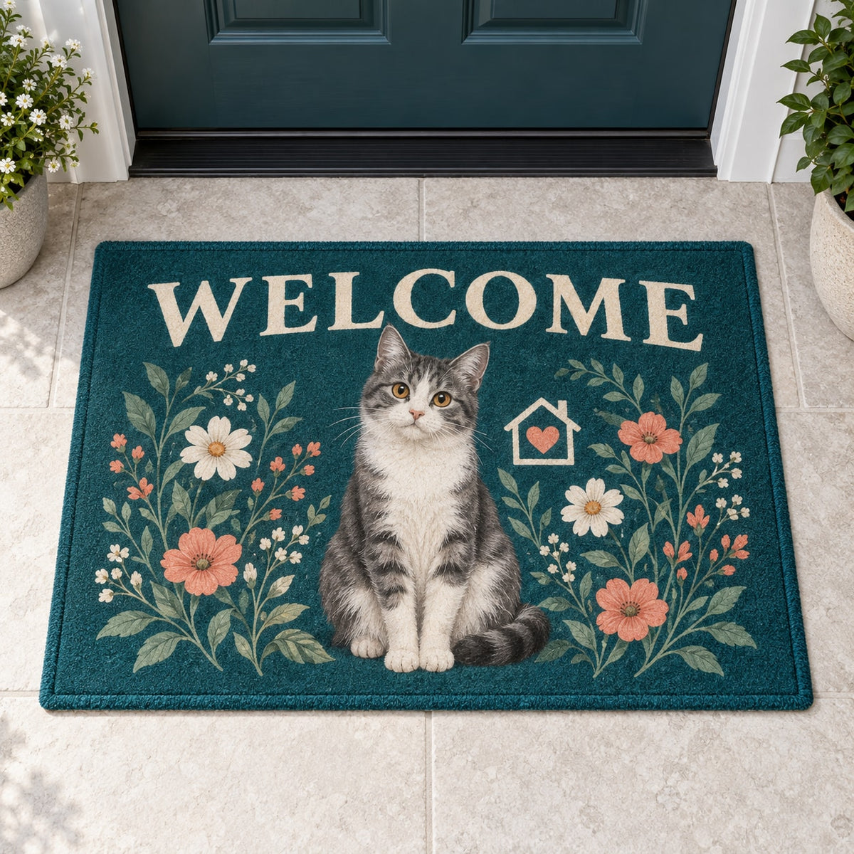 Rescue Cat Advocate Welcome Mat with dimensional printed themed artwork; representative AI-generated mockup.