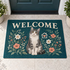 Rescue Cat Advocate Welcome Mat with dimensional printed themed artwork; representative AI-generated mockup.