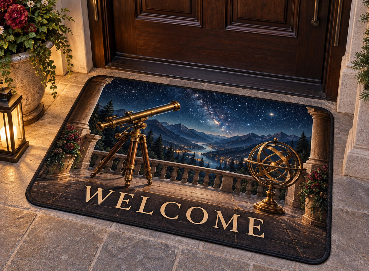 Astronomical Instruments Welcome Mat with dimensional printed themed artwork; representative AI-generated mockup.