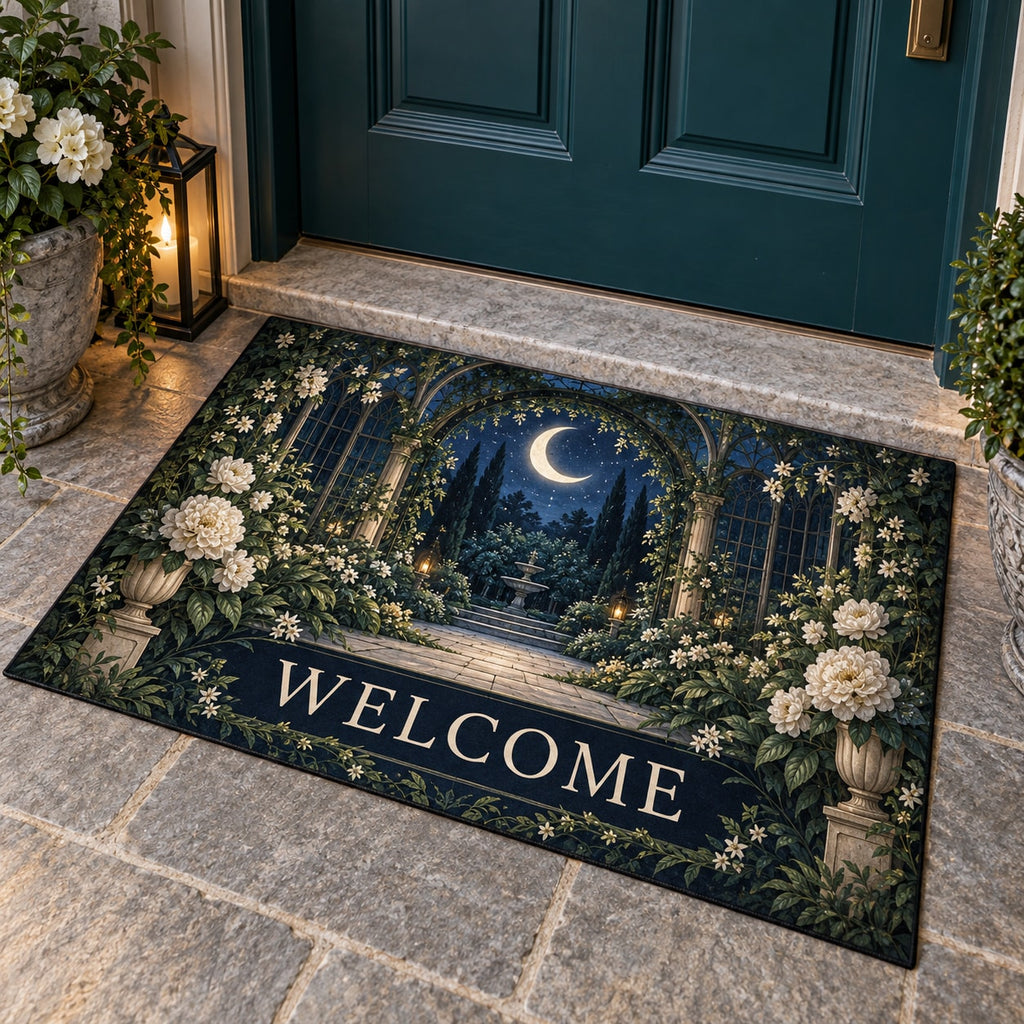 Celestial Botanical Garden Welcome Mat with dimensional printed themed artwork; representative AI-generated mockup.