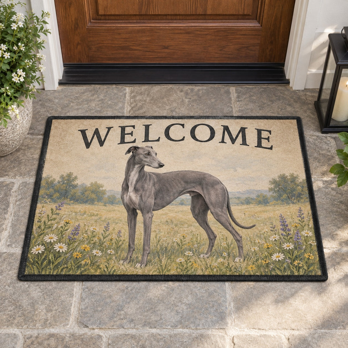 Greyhound Welcome Mat with dimensional printed themed artwork; representative AI-generated mockup.