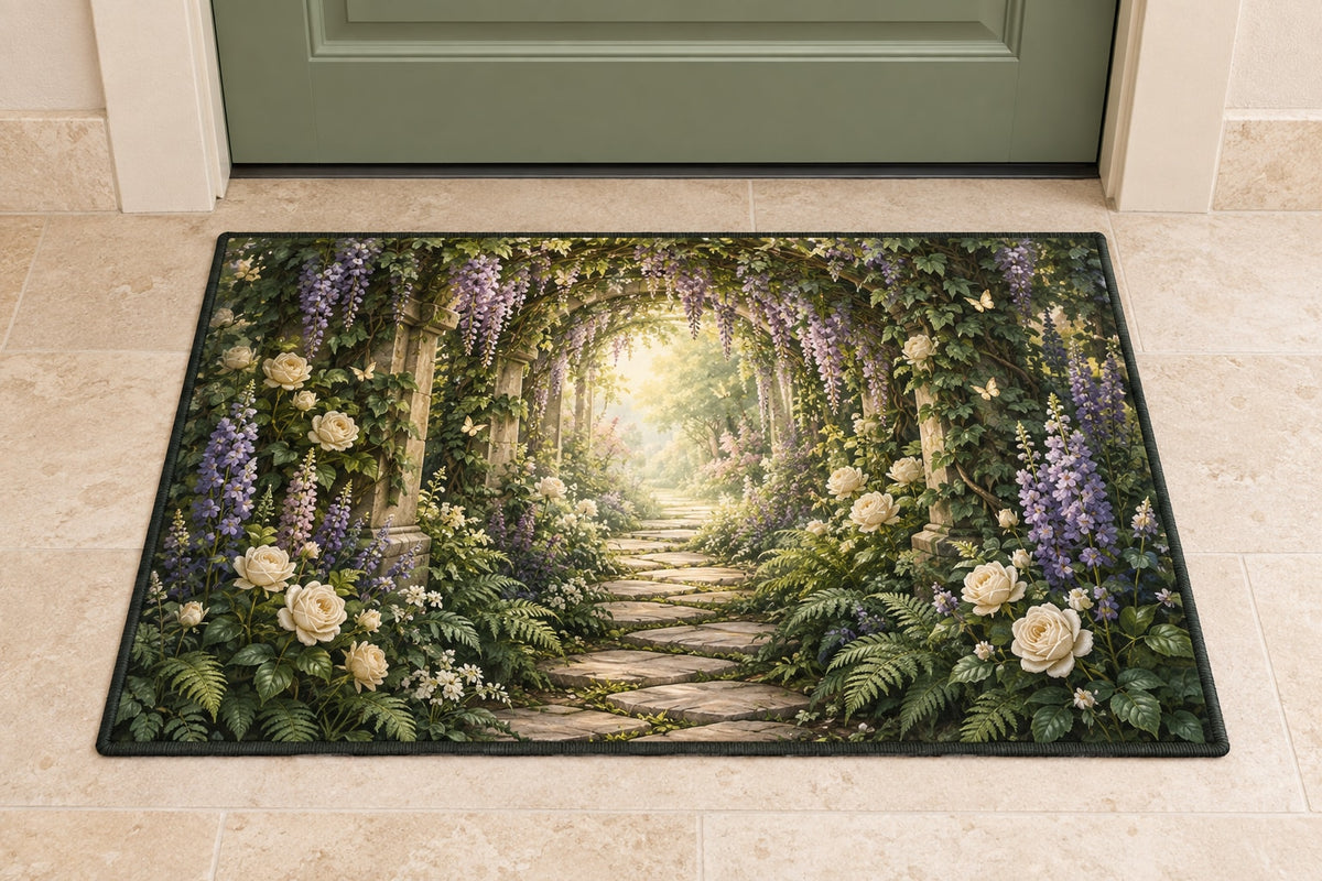Retirement Garden Portal Welcome Mat with dimensional printed themed artwork; representative AI-generated mockup.