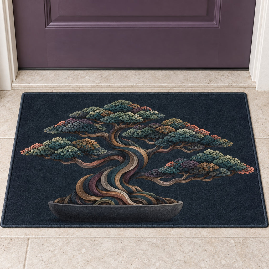 Midnight Bonsai Cloudrise Welcome Mat with dimensional printed themed artwork; representative AI-generated mockup.