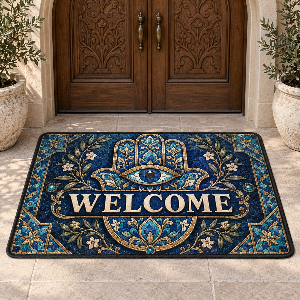 Hamsa Eye Mosaic Welcome Mat with dimensional printed themed artwork; representative AI-generated mockup.