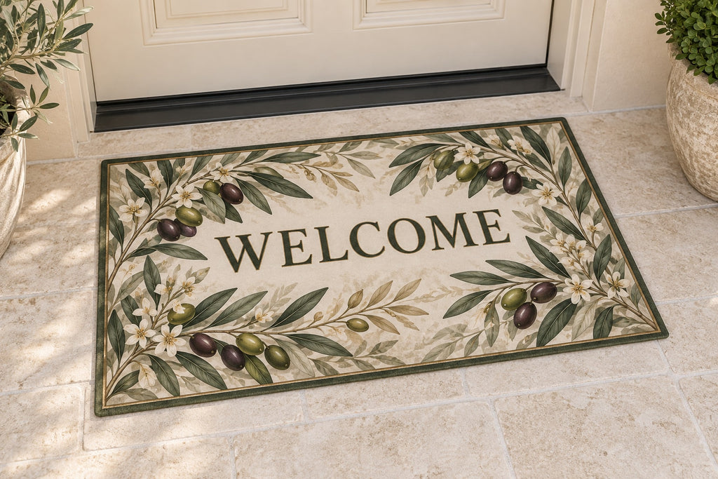 Olive Grove Botanical Welcome Mat with dimensional printed themed artwork; representative AI-generated mockup.