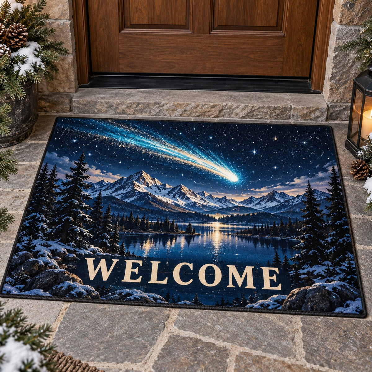 Comet Trail Welcome Mat with dimensional printed themed artwork; representative AI-generated mockup.