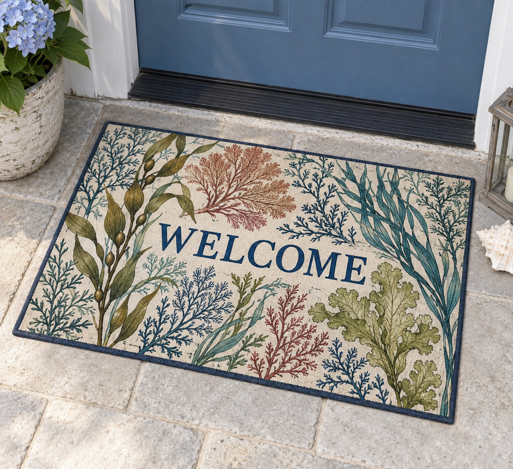 Seaweed Herbarium Welcome Mat with dimensional printed themed artwork; representative AI-generated mockup.