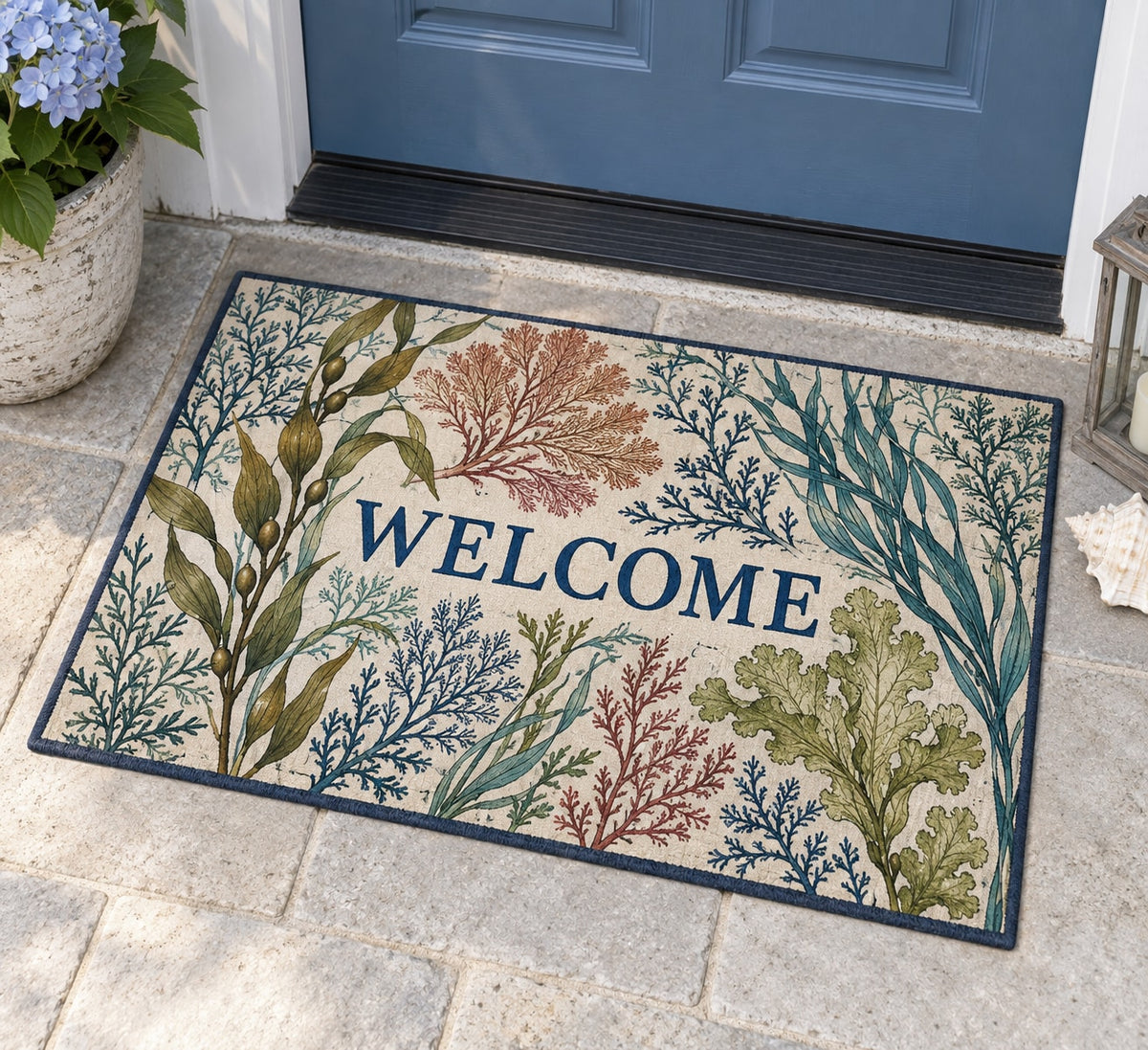 Seaweed Herbarium Welcome Mat with dimensional printed themed artwork; representative AI-generated mockup.