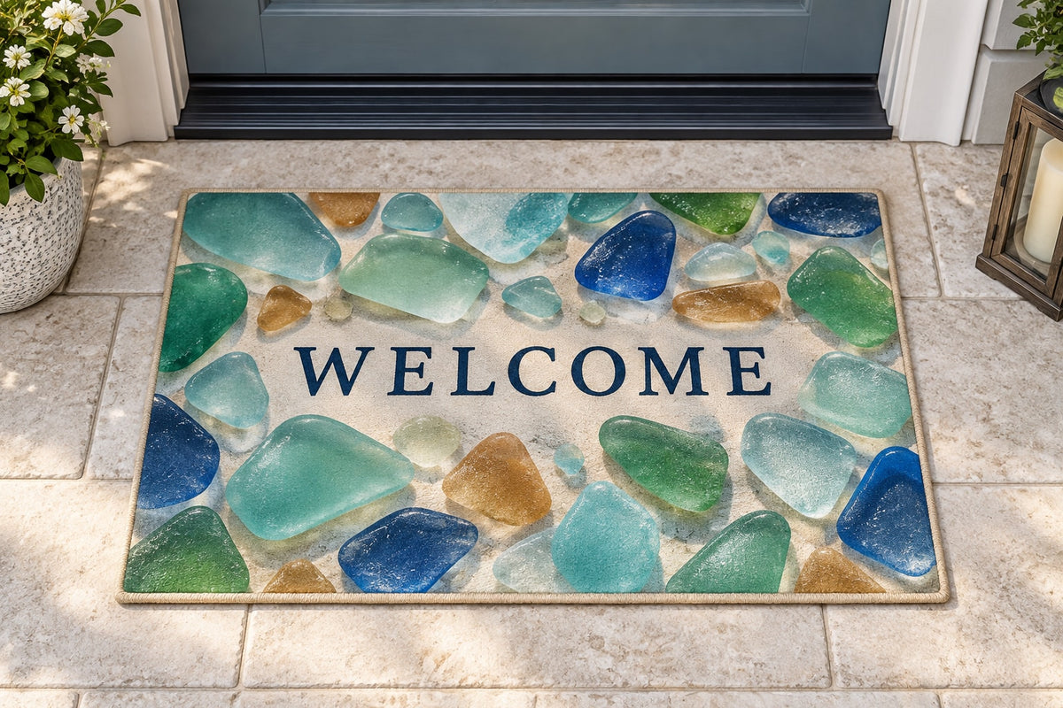 Sea Glass Shapes Welcome Mat with dimensional printed themed artwork; representative AI-generated mockup.