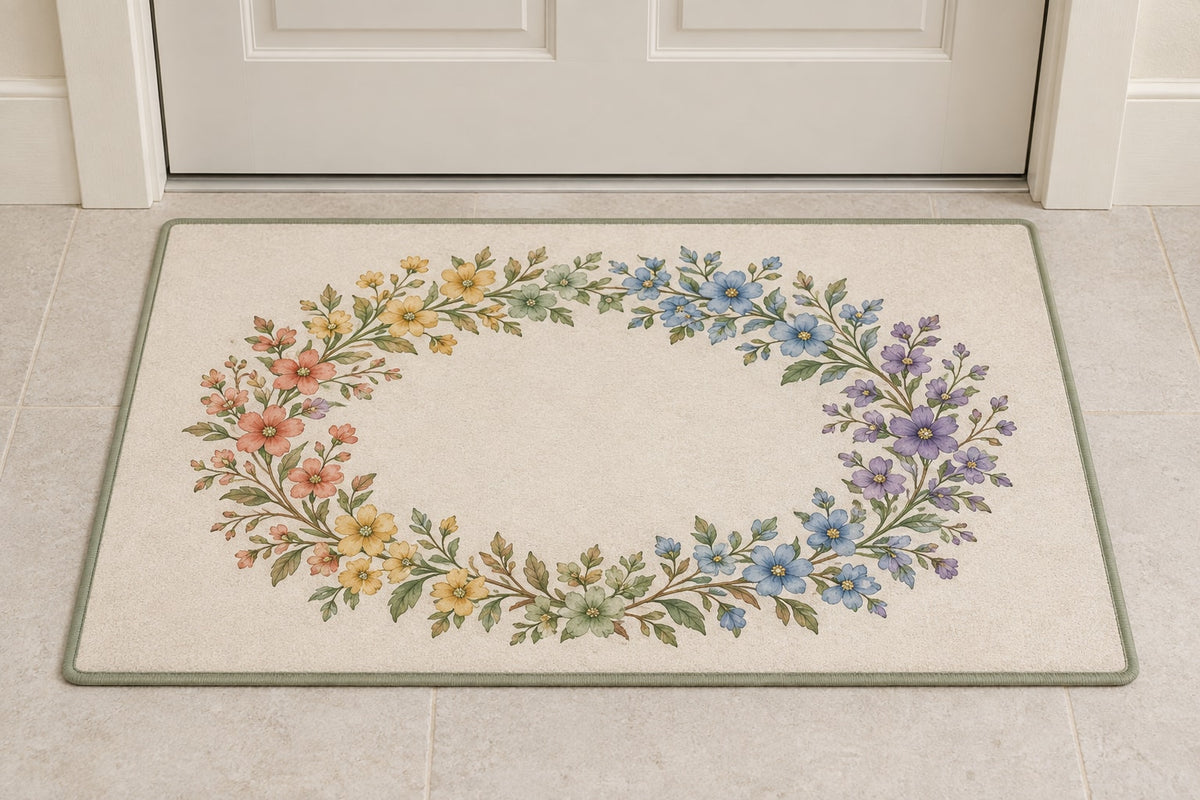 Rainbow Garden Celebration Wreath Welcome Mat with dimensional printed themed artwork; representative AI-generated mockup.