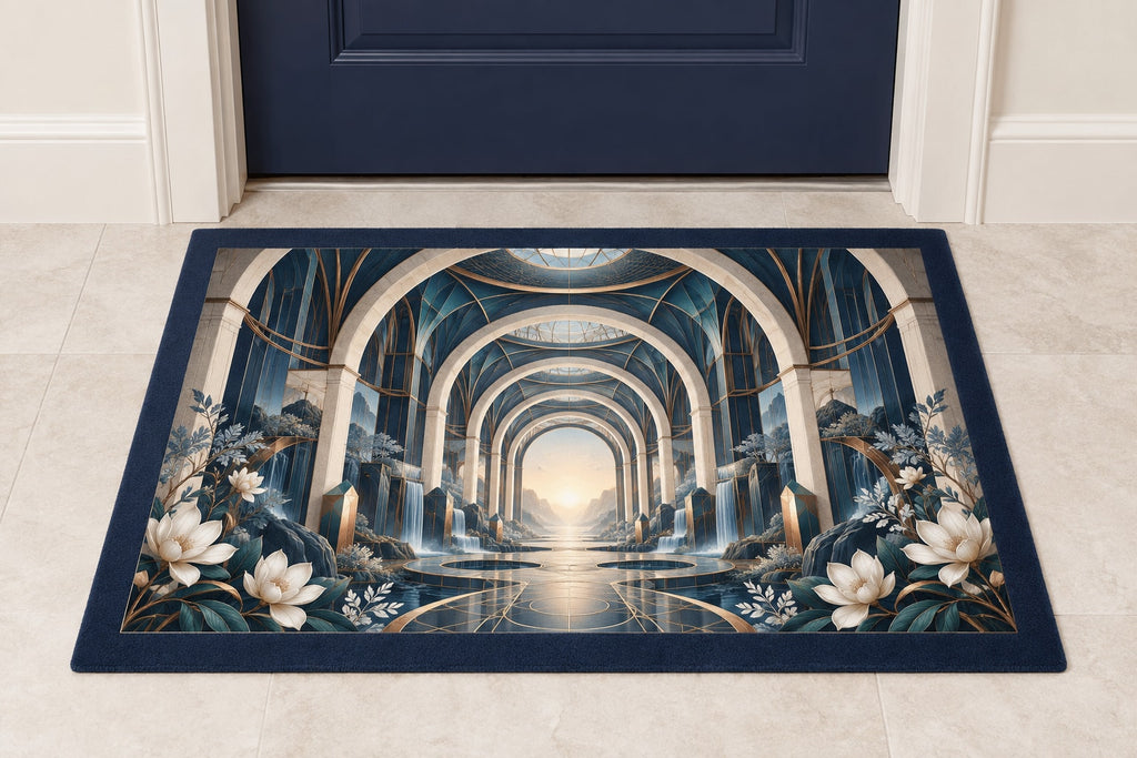 Structural Horizon Atrium Welcome Mat with dimensional printed themed artwork; representative AI-generated mockup.