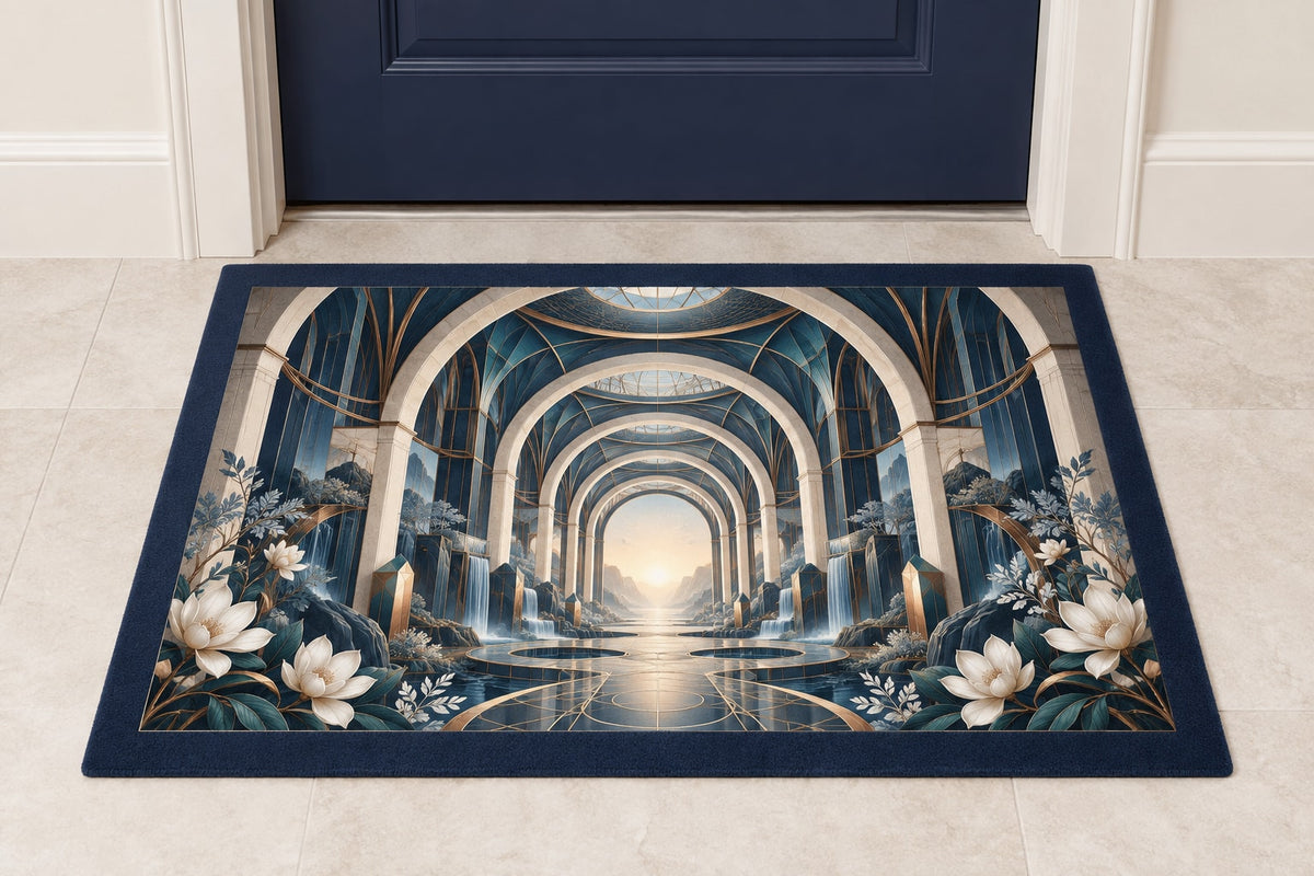 Structural Horizon Atrium Welcome Mat with dimensional printed themed artwork; representative AI-generated mockup.