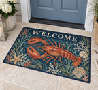 Lobster Coastal Kitchen Welcome Mat with dimensional printed themed artwork; representative AI-generated mockup.