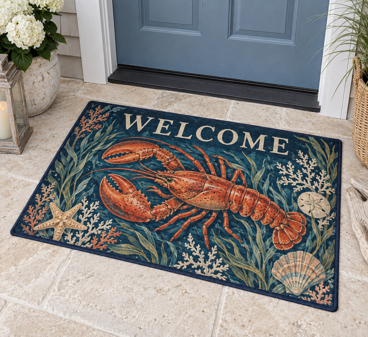 Lobster Coastal Kitchen Welcome Mat with dimensional printed themed artwork; representative AI-generated mockup.