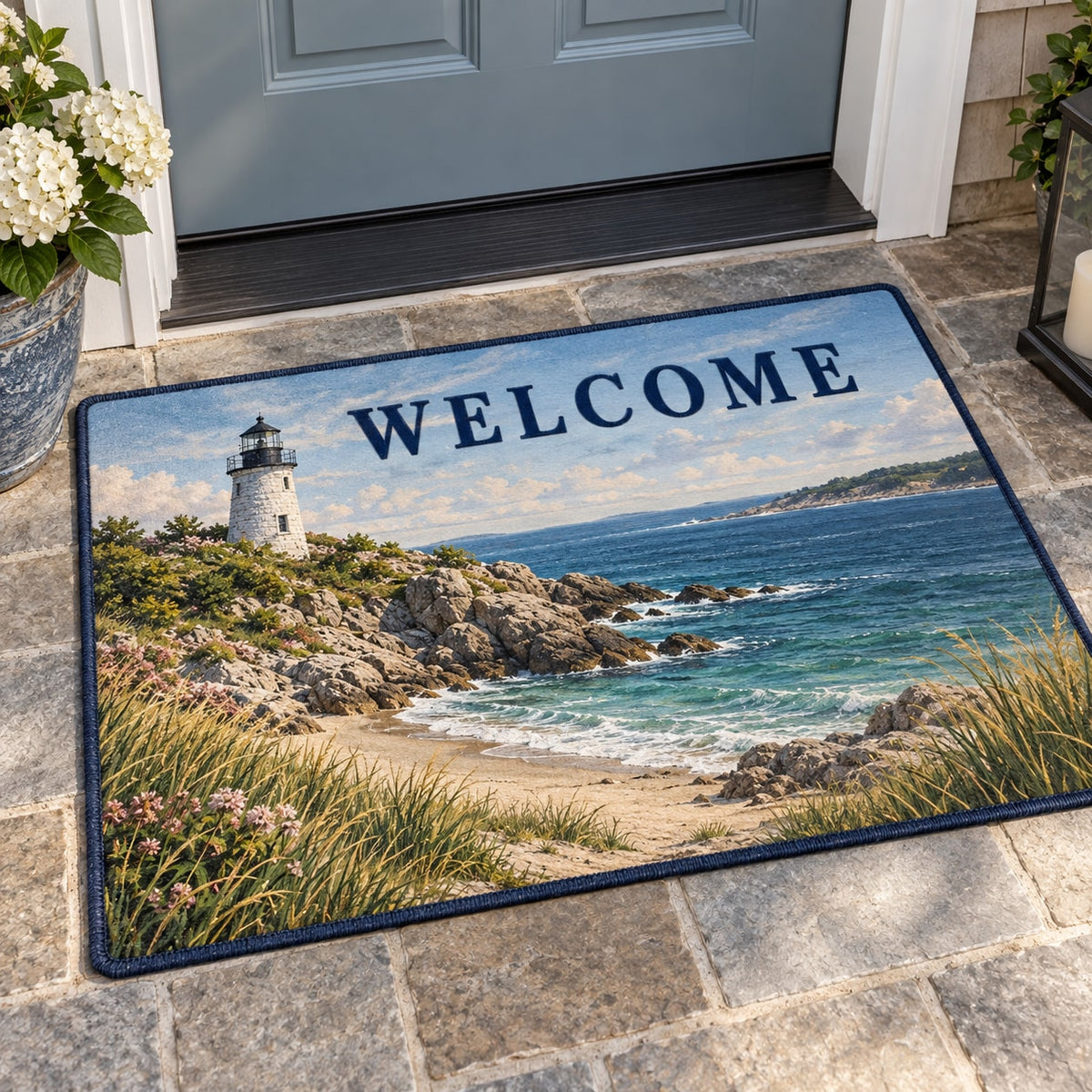 Lighthouse Coast Welcome Mat with dimensional printed themed artwork; representative AI-generated mockup.