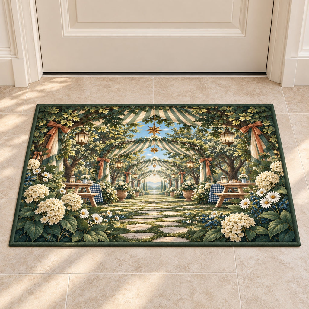 Reunion Picnic Grove Welcome Mat with dimensional printed themed artwork; representative AI-generated mockup.