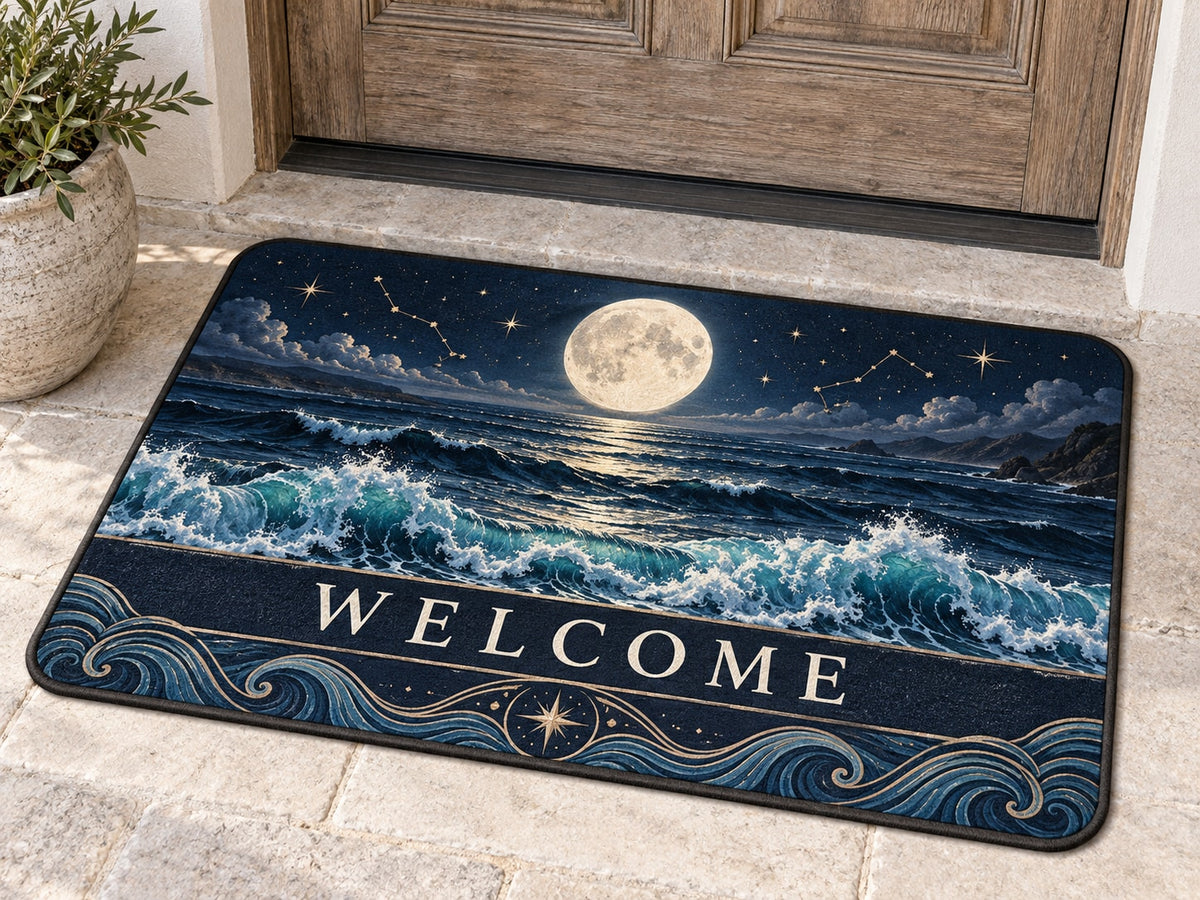 Celestial Ocean Tide Welcome Mat with dimensional printed themed artwork; representative AI-generated mockup.