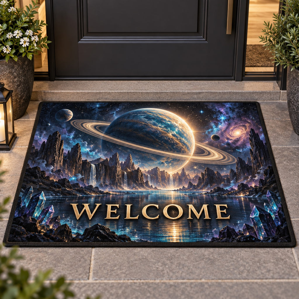 Ringed Planet Welcome Mat with dimensional printed themed artwork; representative AI-generated mockup.