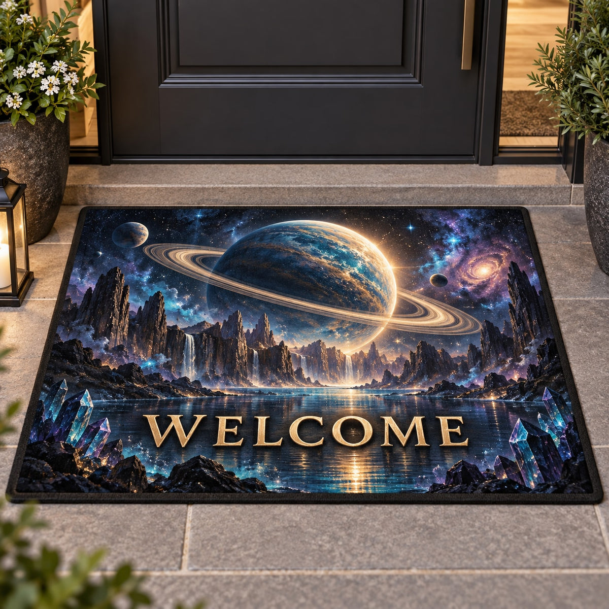 Ringed Planet Welcome Mat with dimensional printed themed artwork; representative AI-generated mockup.