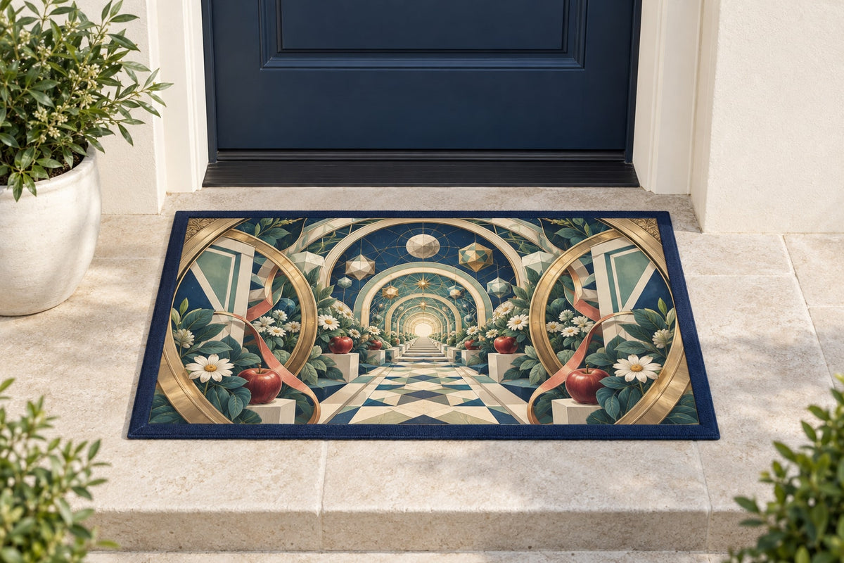 Geometric Wonder Observatory Welcome Mat with dimensional printed themed artwork; representative AI-generated mockup.