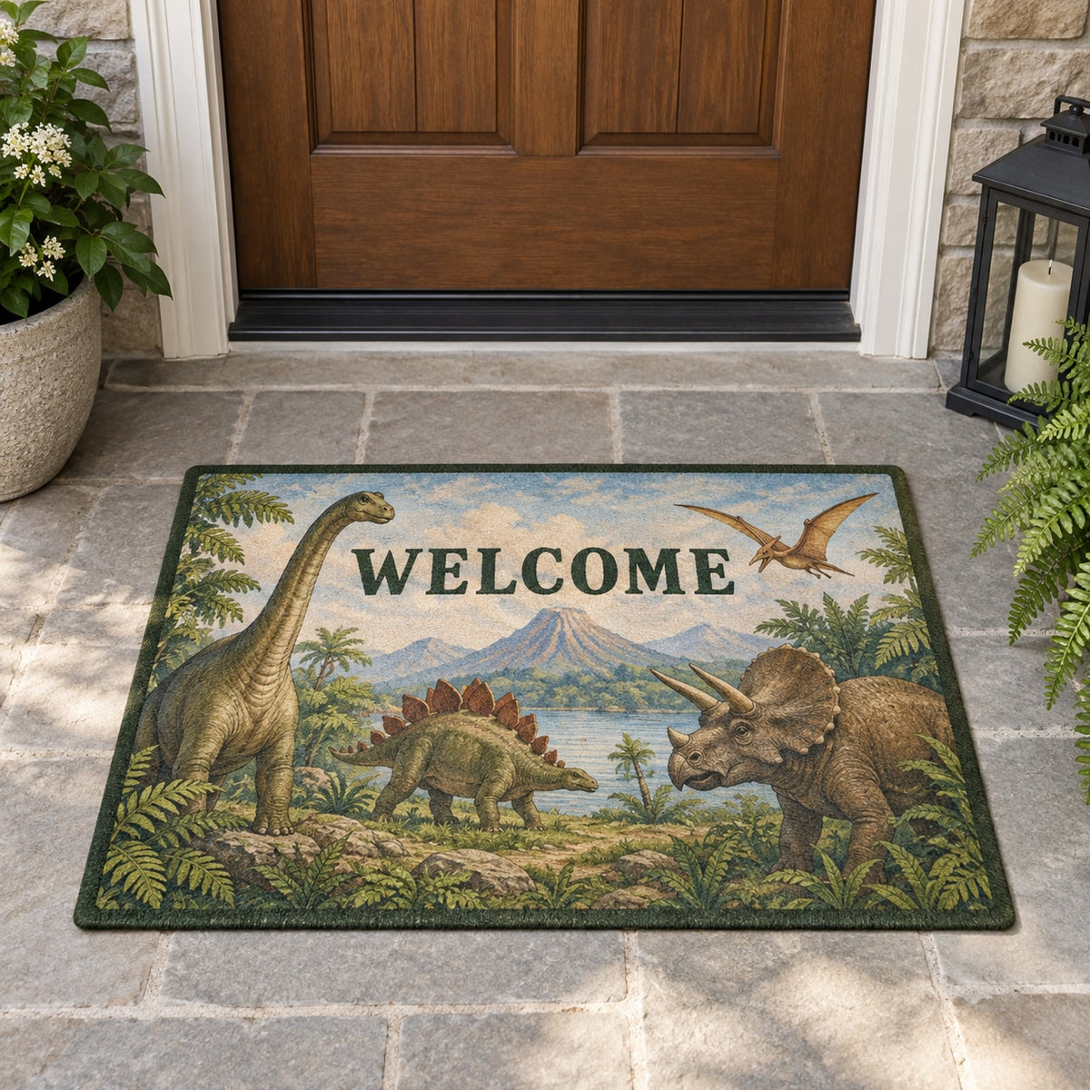 Dinosaur Discovery Welcome Mat with dimensional printed themed artwork; representative AI-generated mockup.