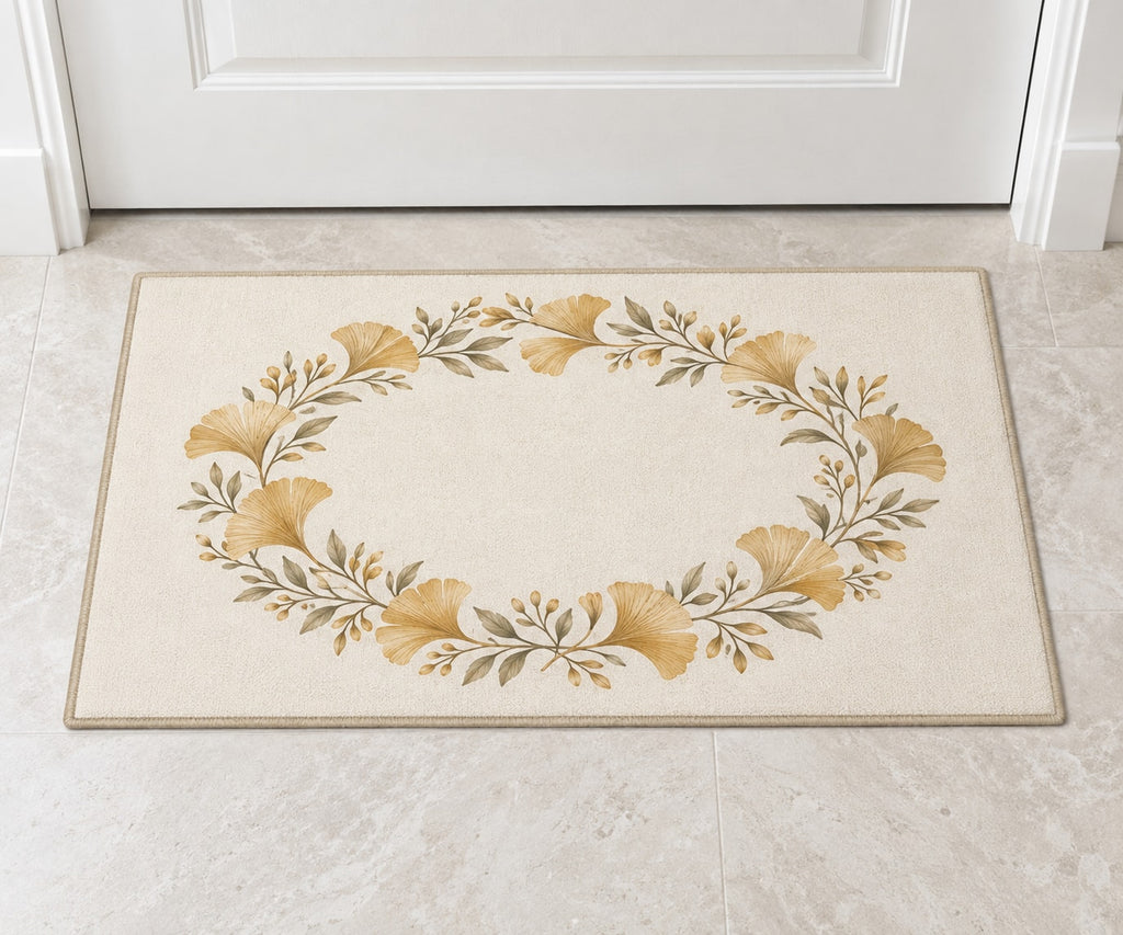 Golden Anniversary Ginkgo Halo Welcome Mat with dimensional printed themed artwork; representative AI-generated mockup.