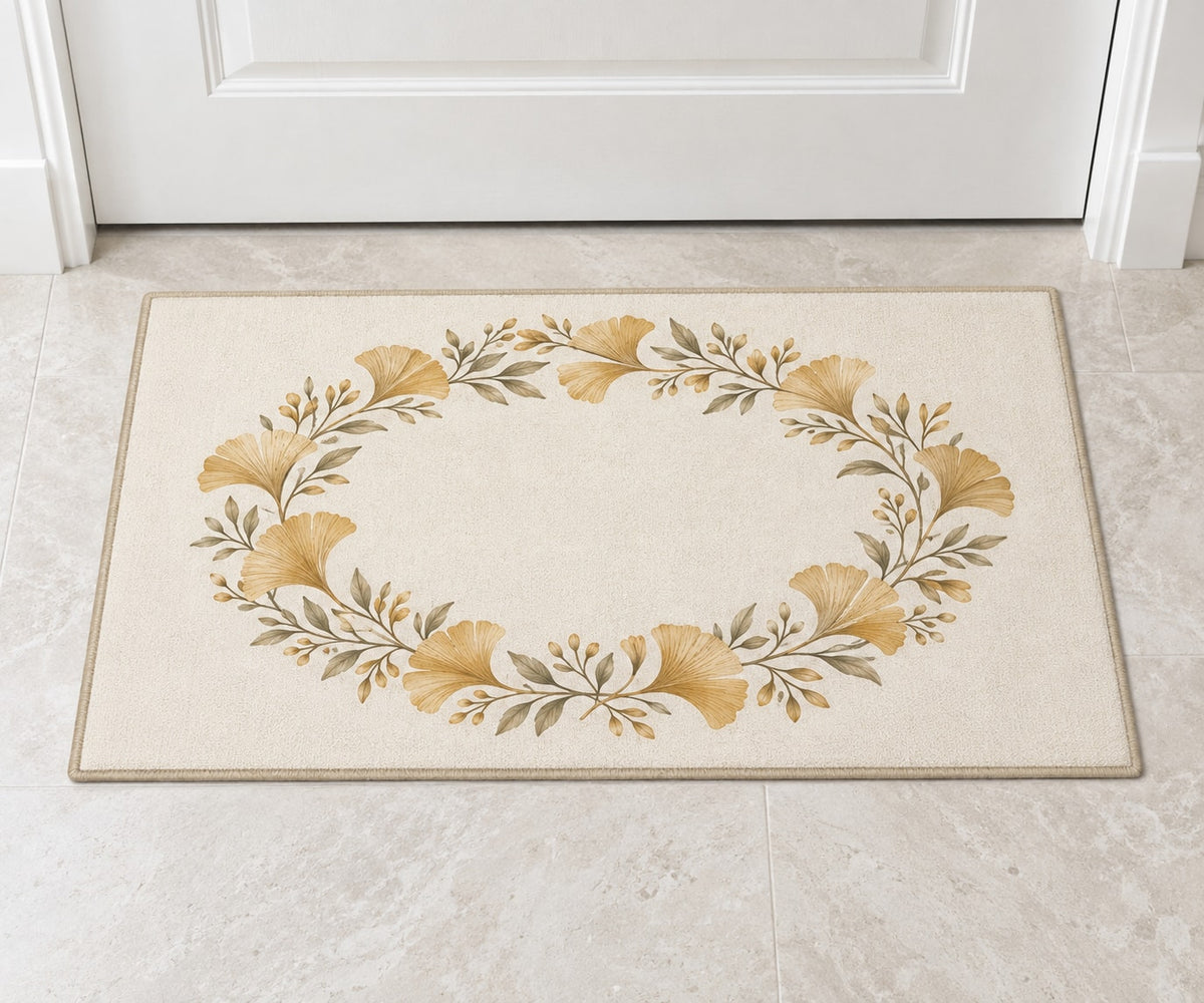 Golden Anniversary Ginkgo Halo Welcome Mat with dimensional printed themed artwork; representative AI-generated mockup.