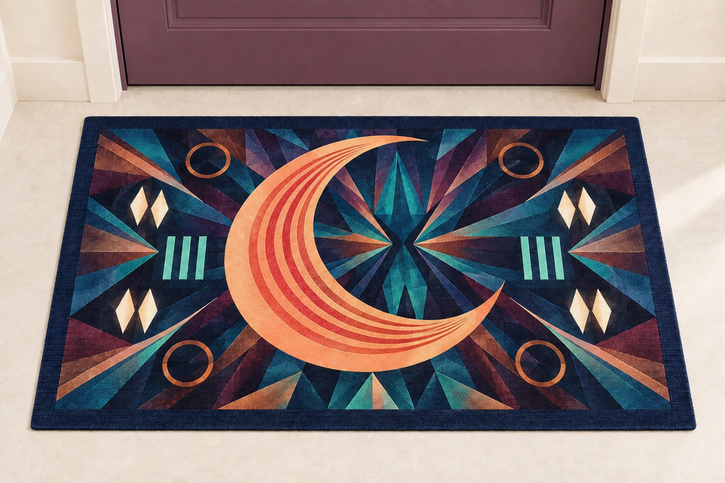 Croissant Dawn Parallax Welcome Mat with dimensional printed themed artwork; representative AI-generated mockup.