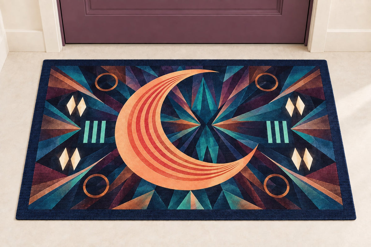 Croissant Dawn Parallax Welcome Mat with dimensional printed themed artwork; representative AI-generated mockup.