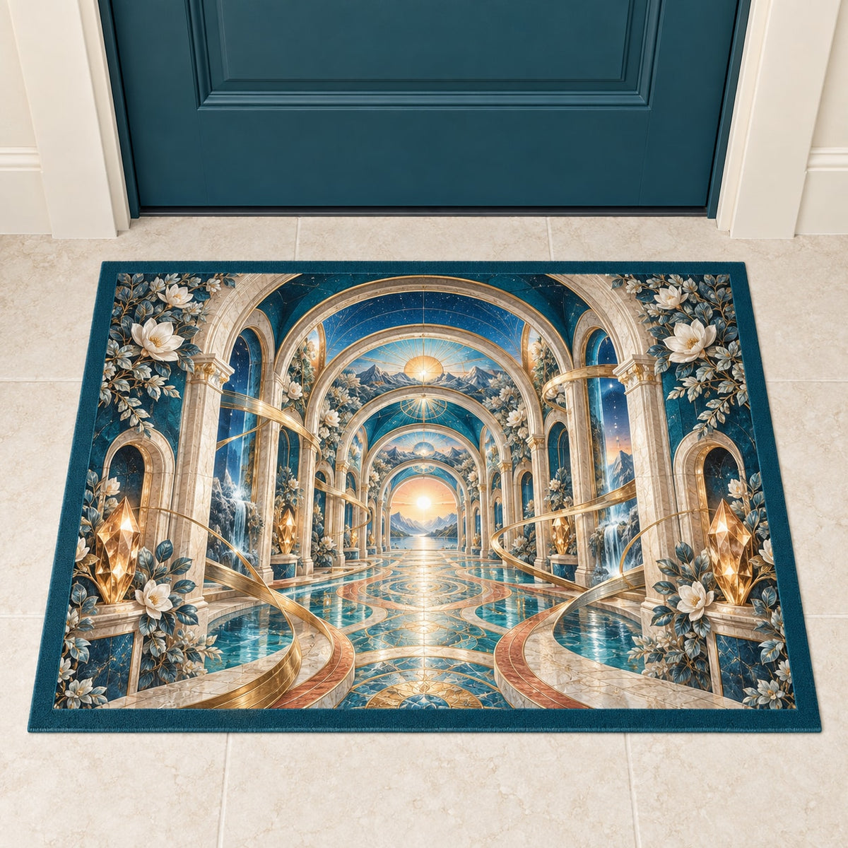 Physical Therapy Motion Atrium Welcome Mat with dimensional printed themed artwork; representative AI-generated mockup.