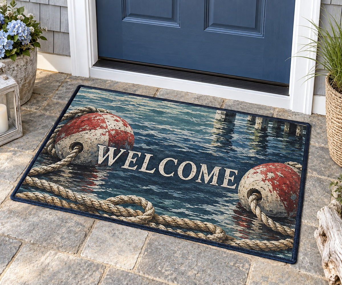 Buoy and Rope Welcome Mat with dimensional printed themed artwork; representative AI-generated mockup.