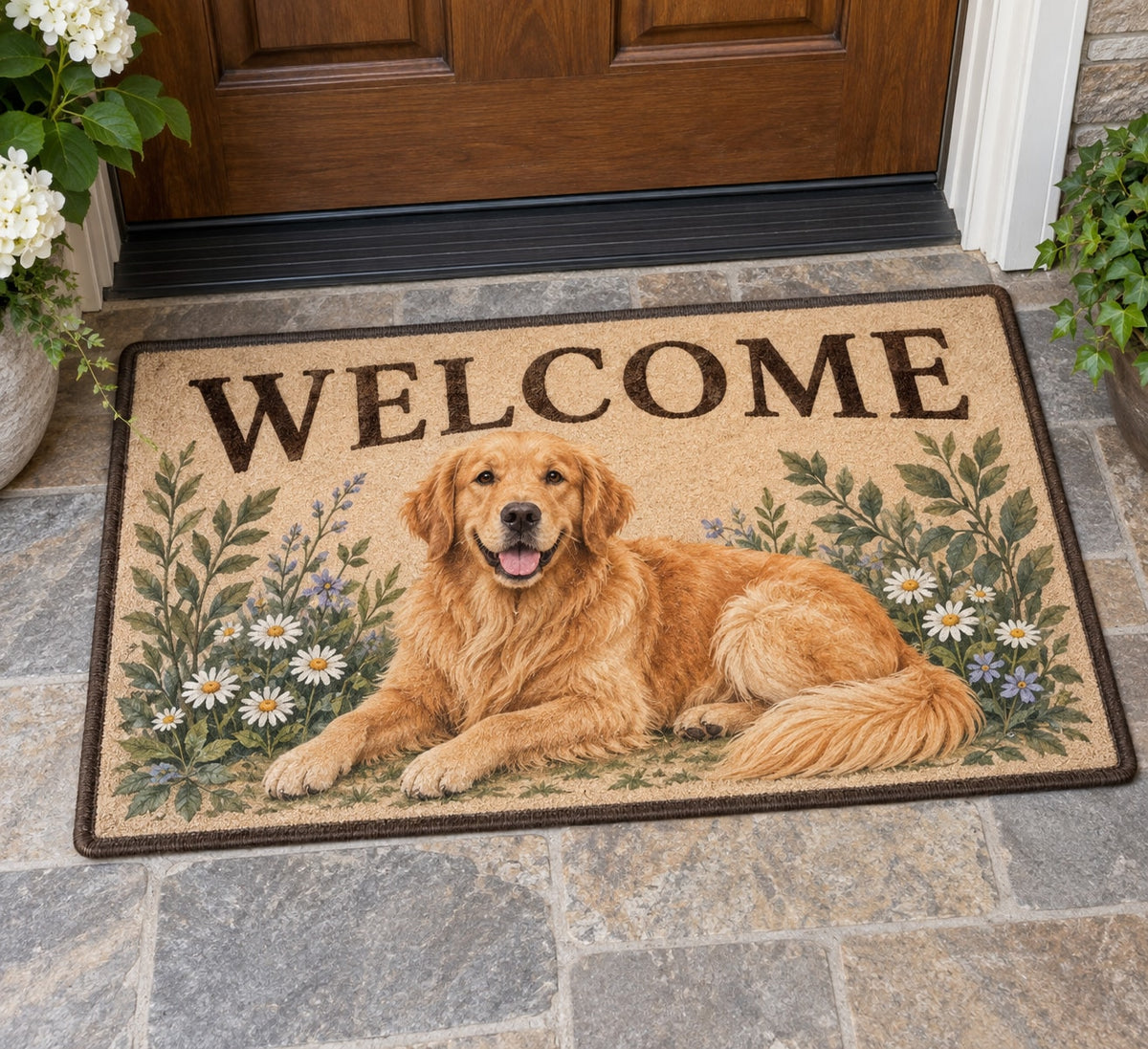 Golden Retriever Welcome Mat with dimensional printed themed artwork; representative AI-generated mockup.