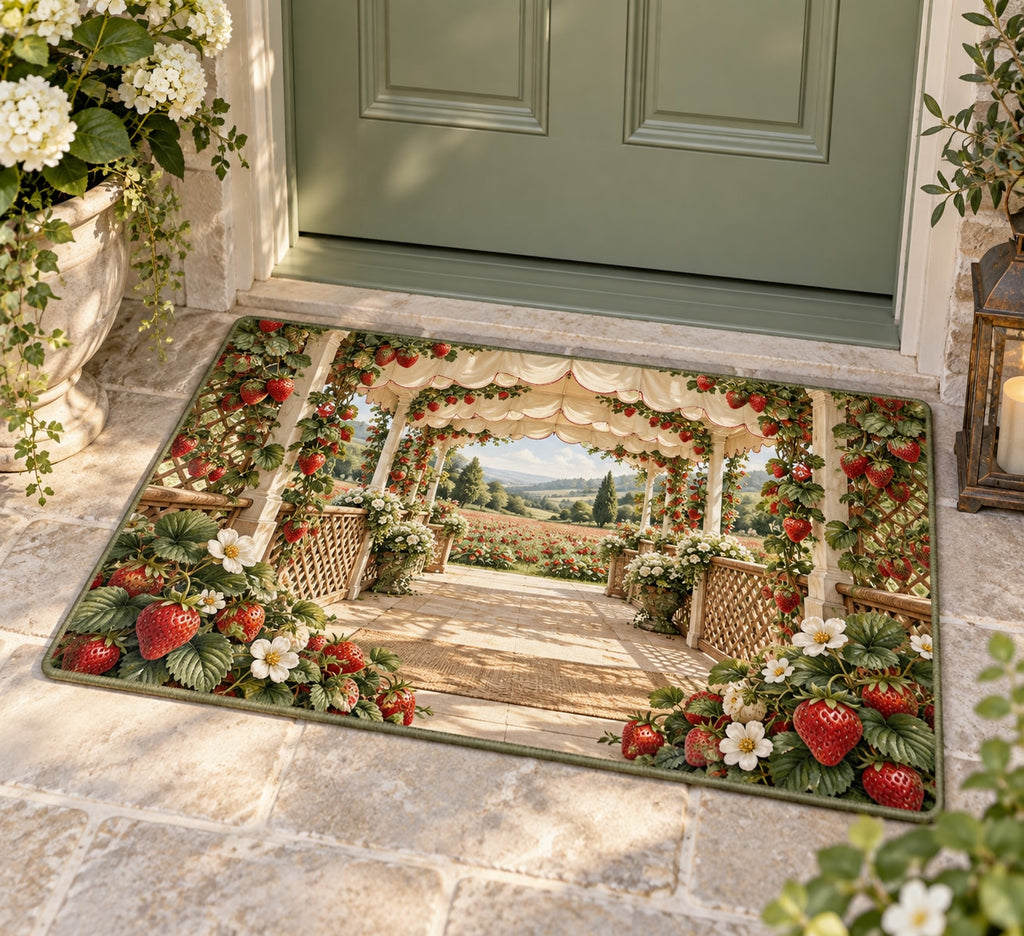 Strawberry Picnic Welcome Mat with dimensional printed themed artwork; representative AI-generated mockup.