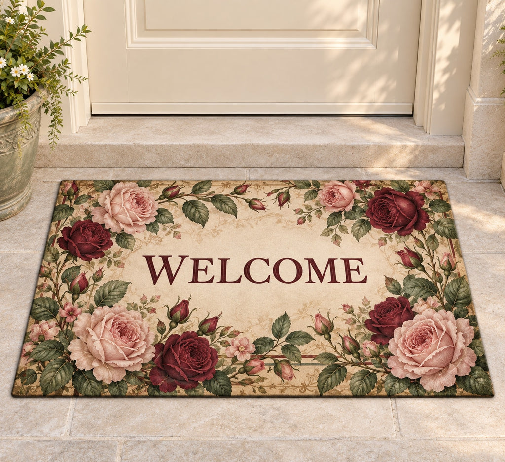 Rose Herbarium Welcome Mat with dimensional printed themed artwork; representative AI-generated mockup.